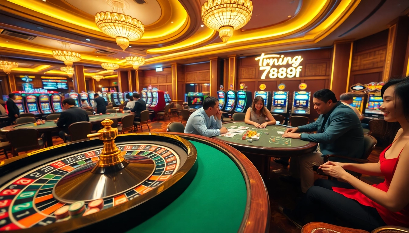 Experience the excitement of gambling at trang chủ 789f with vibrant casino activities, poker tables, and spinning roulette.