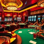 Experience the thrill of betting at https://rr88.auction/ with a vibrant casino scene filled with poker tables and slot machines.