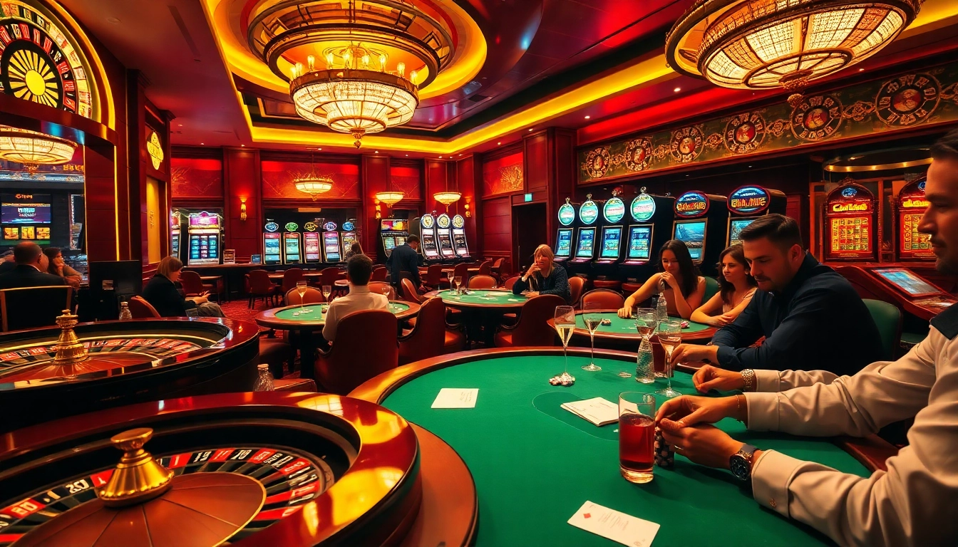 Experience the thrill of betting at https://rr88.auction/ with a vibrant casino scene filled with poker tables and slot machines.