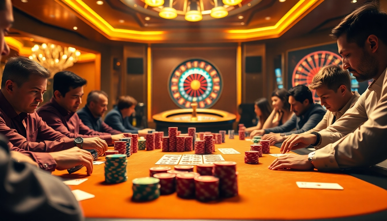 Experience the thrill of gambling at 79king.com with a vibrant poker scene showcasing skilled players and colorful chips.